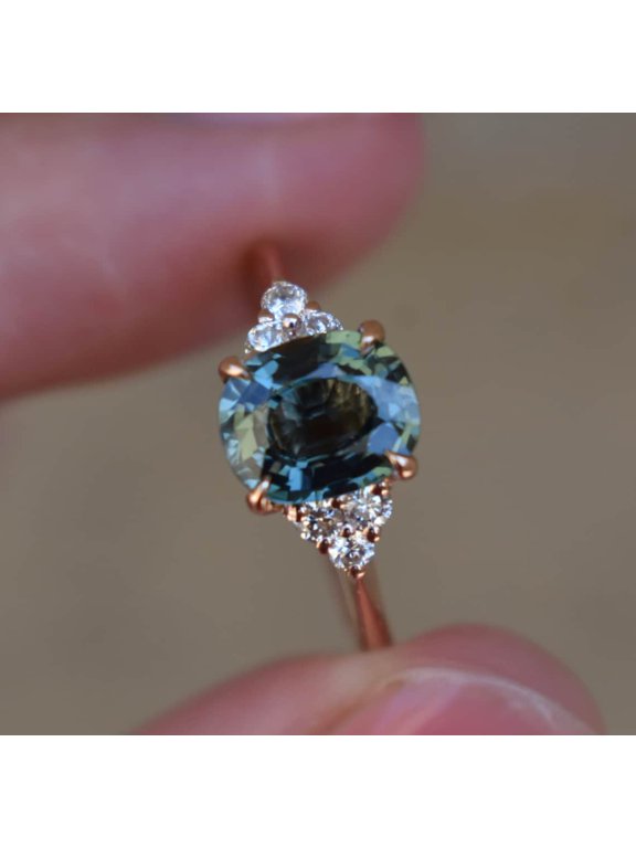 Teal Sapphire Engagement Ring Oval Cut | Antique Yellow Gold Peacock Sapphire Wedding Ring | Round Diamond Cluster Anniversary Ring