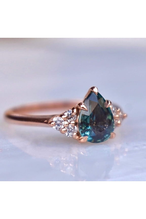 Teal Sapphire Engagement Ring Pear Shape 14K Rose Gold Plated Teal Sapphire Ring,Blue Green Sapphire Engagement Ring,Pear Cut Teal Sapphire Ring