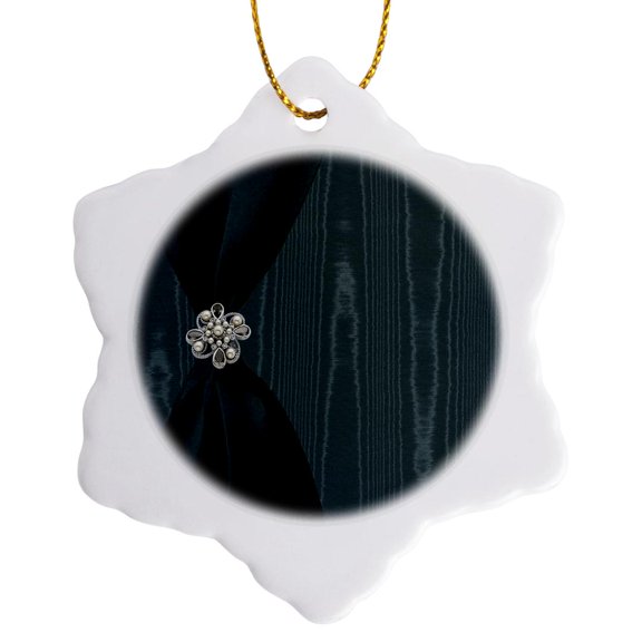 3drose, Teal Satin Ribbon with Jewel on Moire, 3 inch Snowflake Porcelain Ornament