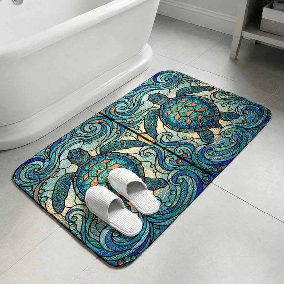 Teal Sea Coastal Marble Bathroom Rugs Non Slip Washable Bath Mat Absorbent Front Door Mat Turquoise Ocean Waves Nautical Indoor Doormat for Kitchen Entryway Shower Decor Accessories 15.7"x23.6"