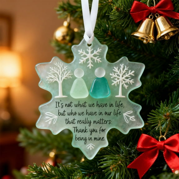 Teal Sea Glass Christmas Tree Ornaments Friendship Sea Glass Christmas Ornament Snowflake Shaped Sea Glass Decor for Holiday Tree Hanging, Friend Keepsake Gift