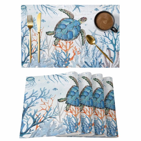 Teal Sea Placemats Set of 4 Turtle Coral Starfish Underwater Marine Life Coastal Heat Insulation Washable Place Mats, Rustic Non-Slip Table Mats for Dining Table Party Kitchen Decor,13x19 Inch