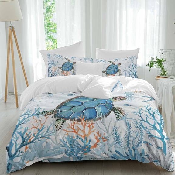 Teal Sea Queen Size Comforter Set, Turtle Coral Starfish Underwater Marine Life Coastal Bedding for All Seasons, 4 Pcs Bed Set, 1Quiltcover (90"x92") ,1Sheet(94"x116"), 2Pillowcases (30"x20")