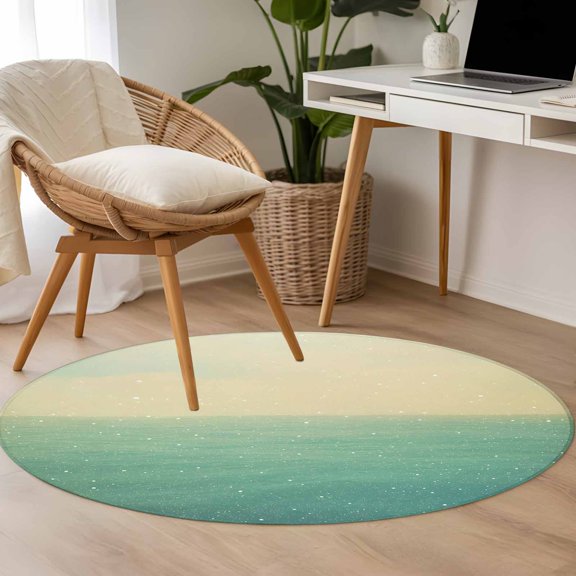 Teal Sea Sky 3.3ft Round Rug for Bedroom Reading Corner, Retro Bird Silhouette Vintage Gradient Sunset Clouds Washable Non Slip Circle Area Rug