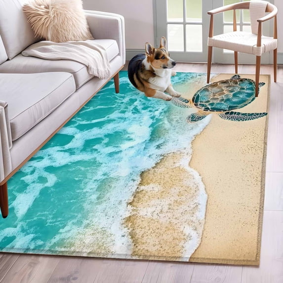 Teal Sea Turtle 3x5 Area Rugs for Living Room, Beach Ocean Wave Summer Coastal Non Slip Floor Mat Washable Low-Profile Indoor Carpet for Bedroom, Dining Room, Bathroom