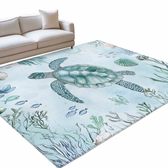 Teal Sea Turtle Area Rugs 6x9ft Summer Shell Coral Floor Rug Non Slip Low Pile Ultra Soft Throw Carpet for Entryway Indoor Entrance Kitchen Bathroom