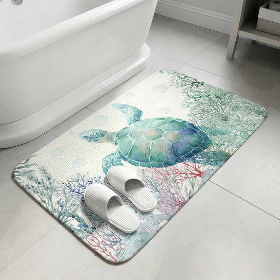 Teal Sea Turtle Bathroom Rugs Non Slip Washable Bath Mat Absorbent Low Pile Front Door Mat Summer Coastal Coral Ocean Indoor Doormat for Kitchen Entryway Shower Decor Accessories 15.7"x23.6"