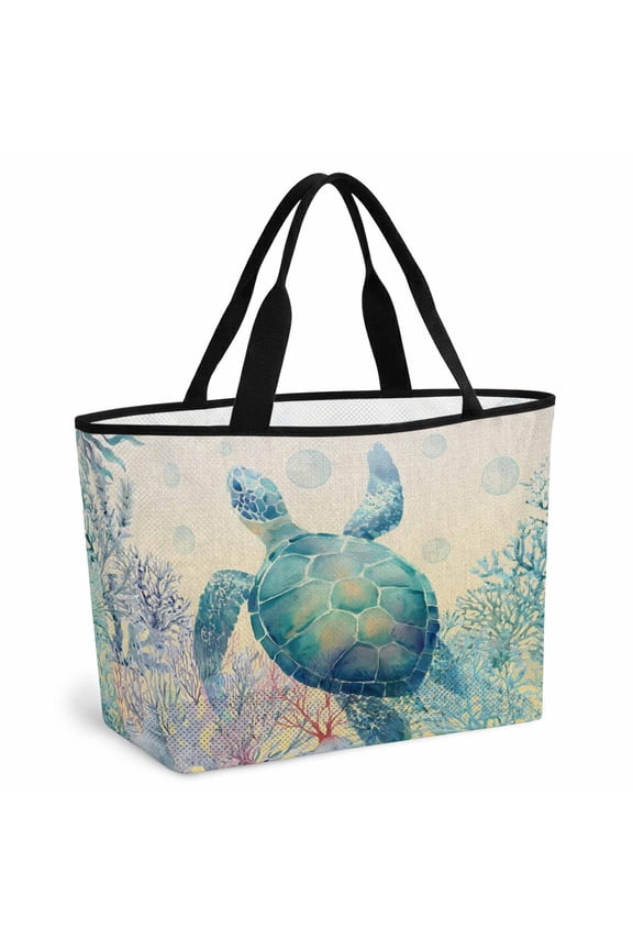 Teal Sea Turtle Beach Bag for Women, Large Breathable Mesh Beach Tote Bag, Summer Coastal Coral Ocean Linen Texture Sandproof Lightweight Travel Bags for Vacation Picnic Swimming Pool