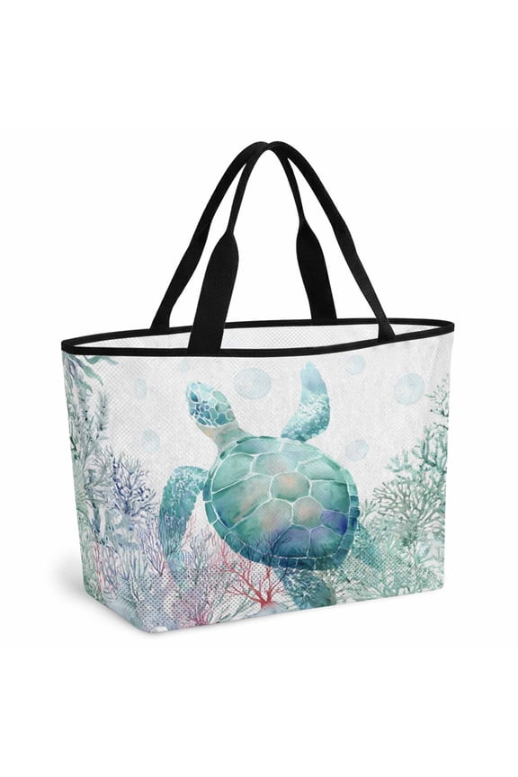 Teal Sea Turtle Beach Bag for Women, Large Breathable Mesh Beach Tote Bag, Summer Coastal Coral Ocean Sandproof Lightweight Travel Bags for Vacation Picnic Swimming Pool 15.7"x15.7"x9.1"