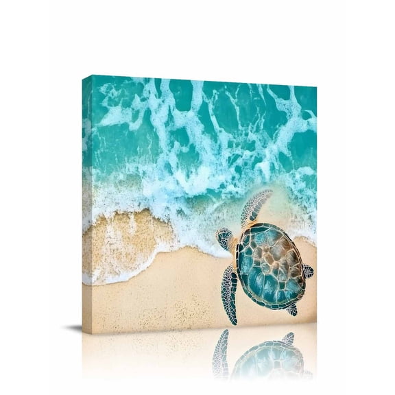 Teal Sea Turtle Canvas Wall Art, Beach Ocean Wave Summer Coastal Framed Wall Decor Modern Artwork Prints Painting for Living Room, Bedroom, Kitchen & Cafe Decor 24x24 Inch