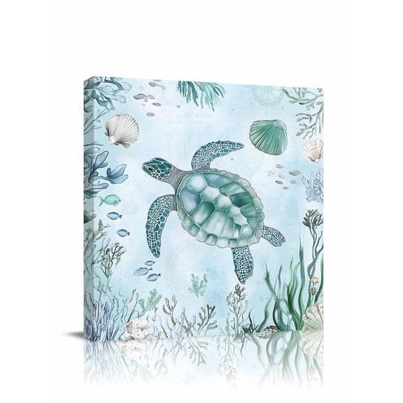 Teal Sea Turtle Canvas Wall Art, Summer Shell Coral Watercolor Nautical Framed Wall Decor Modern Artwork Prints Painting for Living Room, Bedroom, Kitchen & Cafe Decor 20x20 Inch