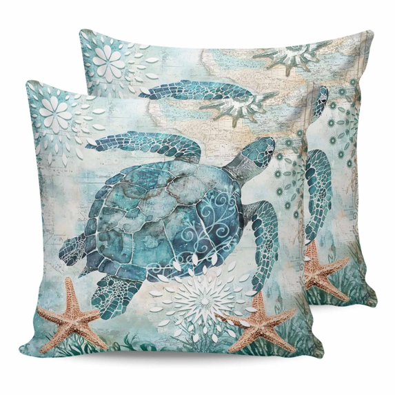Teal Sea Turtle Coastal 26x26 Pillow Covers Set of 2, Nautical Summer Beach Starfish Throw Pillow Covers Decorative Couch Cushion Case, Microfiber Square Pillowcases for Bedroom Car Living Room