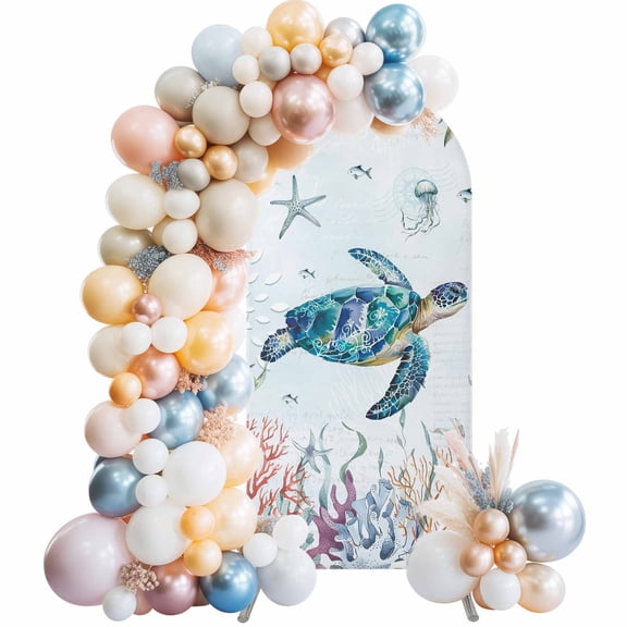 Teal Sea Turtle Coastal Arch Backdrop Cover, Spandex Fitted Wedding Arch Cover, Summer Beach Ocean Coral Round Top Stand Covers for Birthday Ceremony Bridal Shower Party Decor 4x1.65 Ft