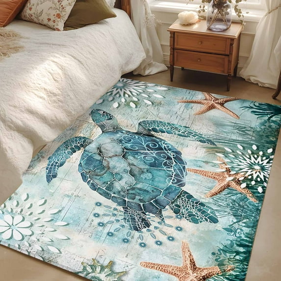Teal Sea Turtle Coastal Area Rugs 2.7x5 for Living Room, Nautical Summer Beach Starfish Non Slip Washable Rug Runner, Low Pile Indoor Floor Carpet Mat Bathroom Rugs for Bedroom, Kids Room
