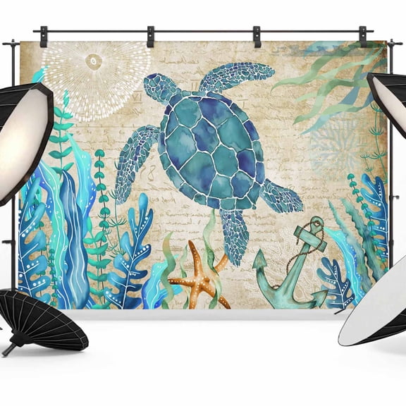 Teal Sea Turtle Coastal Backdrop for Photoshoot,Photography Photo Studio Background Wall Backdrop,Vintage Summer Beach Seaweed Back Drop Banner Panel for Portraits Wedding Party Live Streaming 8x6Ft