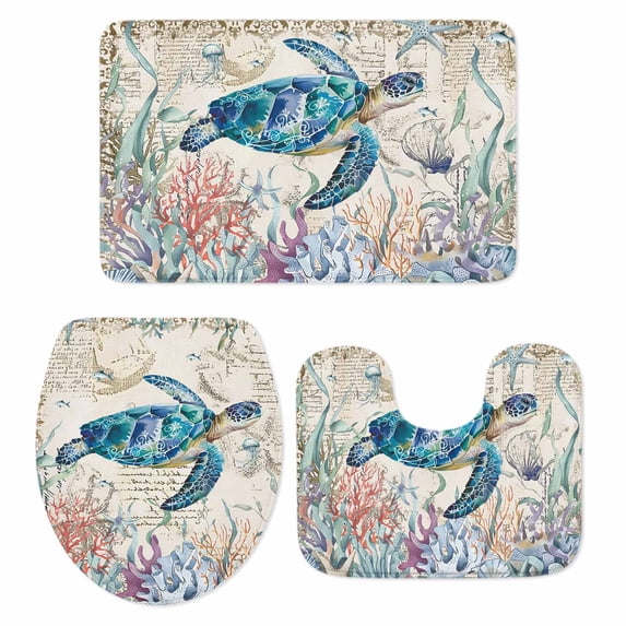 Teal Sea Turtle Coastal Bath Mat 3 Piece Bathroom Rug Set, Retro Ocean Summer Beach Coral Non Slip Bath Rug Contour Mat and Toilet Lid Cover, Absorbent Shower Mats Soft Bath Rugs and Mats Sets