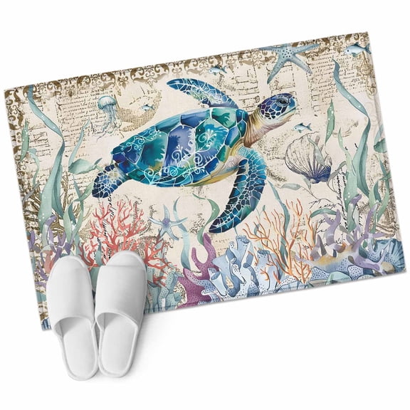 Teal Sea Turtle Coastal Bathroom Mat 2x3 FT,Non Slip Small Kitchen Mat,Retro Ocean Summer Beach Coral Washable Soft Backed Front Door Throw Rug Non-Shedding Indoor Outdoor Doormat for Entryway Sink