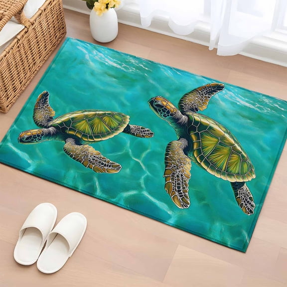Teal Sea Turtle Coastal Bathroom Rug Washable 2x3 Entryway Rug Non Slip Nautical Summer Ocean Beach Front Door Mat Low Pile Indoor Doormat Throw Floor Carpet for Kitchen Bedroom Entrance