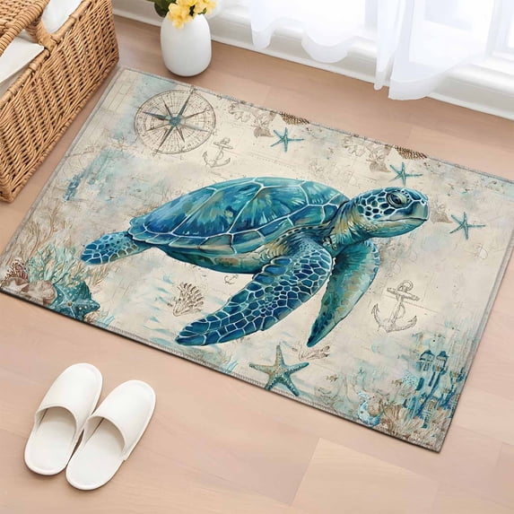 Teal Sea Turtle Coastal Bathroom Rug Washable 2x3 Entryway Rug Non Slip Vintage Summer Beach Nautical Front Door Mat Low Pile Indoor Doormat Throw Floor Carpet for Kitchen Bedroom Entrance