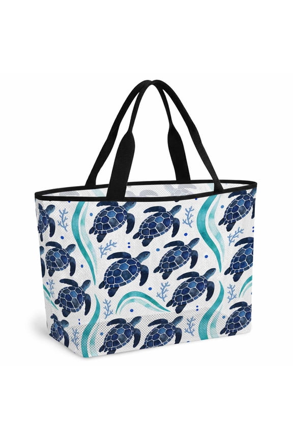 Teal Sea Turtle Coastal Beach Bag for Women, Large Breathable Mesh Beach Tote Bag, Classic Ocean Waves Turquoise Sandproof Lightweight Travel Bags for Vacation Picnic Swimming Pool 15.7"x15.7"x9.1"