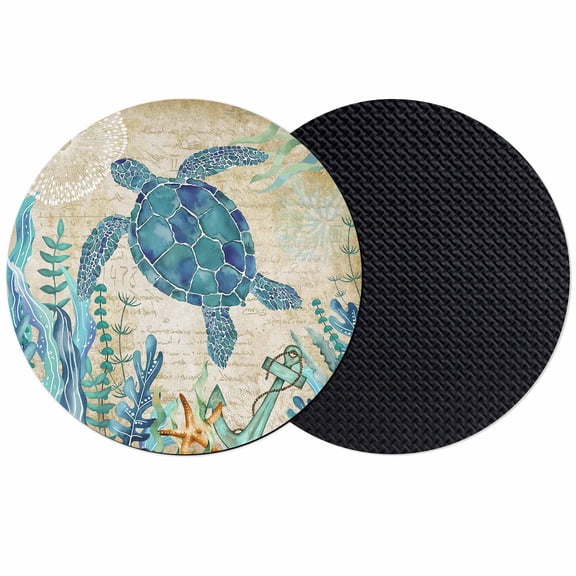 Teal Sea Turtle Coastal Coasters Set of 2, Absorbent Coasters for Drinks, Vintage Summer Beach Seaweed Coaster for Desk Coffee Table Protection, Home Decor House Warming Gifts 4"
