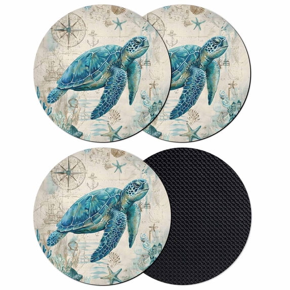 Teal Sea Turtle Coastal Coasters Set of 4, Absorbent Coasters for Drinks, Vintage Summer Beach Nautical Coaster for Desk Coffee Table Protection, Home Decor House Warming Gifts 4"