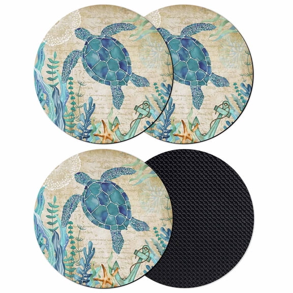 Teal Sea Turtle Coastal Coasters Set of 4, Soft Absorbent Coasters for Drinks, Vintage Summer Beach Seaweed Non-Slip Cup Coaster Mat with Rubber Bottom for Home Kitchen Desk Coffee Bar Table Decor 4"
