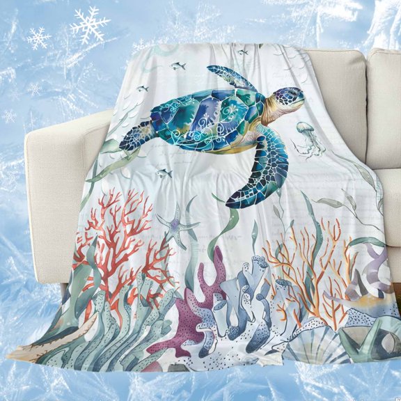 Teal Sea Turtle Coastal Cooling Blanket, Lightweight Breathable Summer Throw Blanket with Double Sided Cold Effect, Summer Beach Ocean Coral Picnic Beach Blankets Bed Sheet for Hot Sleepers 50"x60"