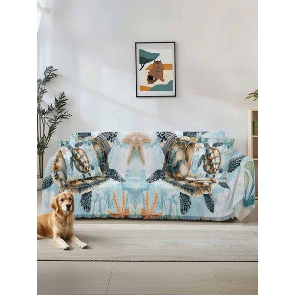 Teal Sea Turtle Coastal Couch Cover, Summer Beach Nautical Coral Sofa Cover Blanket for 3 Cushion Couch,Sectional Sofa Slipcover Furniture Protector for Living Room Bedroom 71''x134''