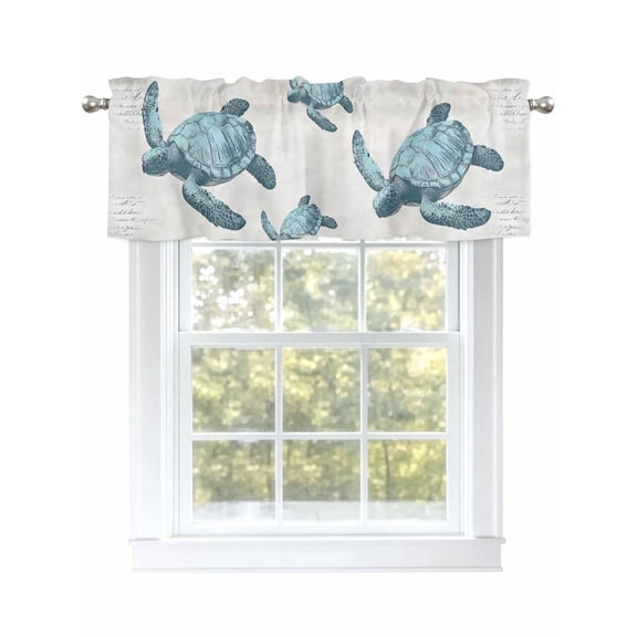 Teal Sea Turtle Coastal Curtain Valances for Windows, Summer Beach Ocean Nautical Kitchen Valance Window Treatment, Light Filtering Block Curtains for Bathroom/Bedroom/Living Room 42'' x 12''