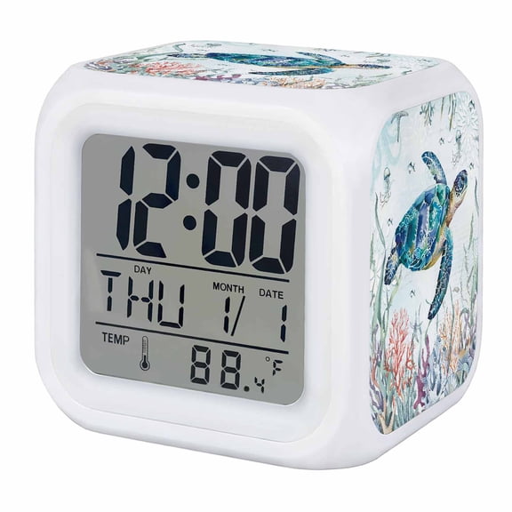 Teal Sea Turtle Coastal Digital Alarm Clock for Bedrooms, Smart LED Alarm Clock with 7 Color Changing Night Light, Summer Beach Ocean Coral Silent Wake Up Clocks for Sleep Study Cooking 3.2"x3.2"