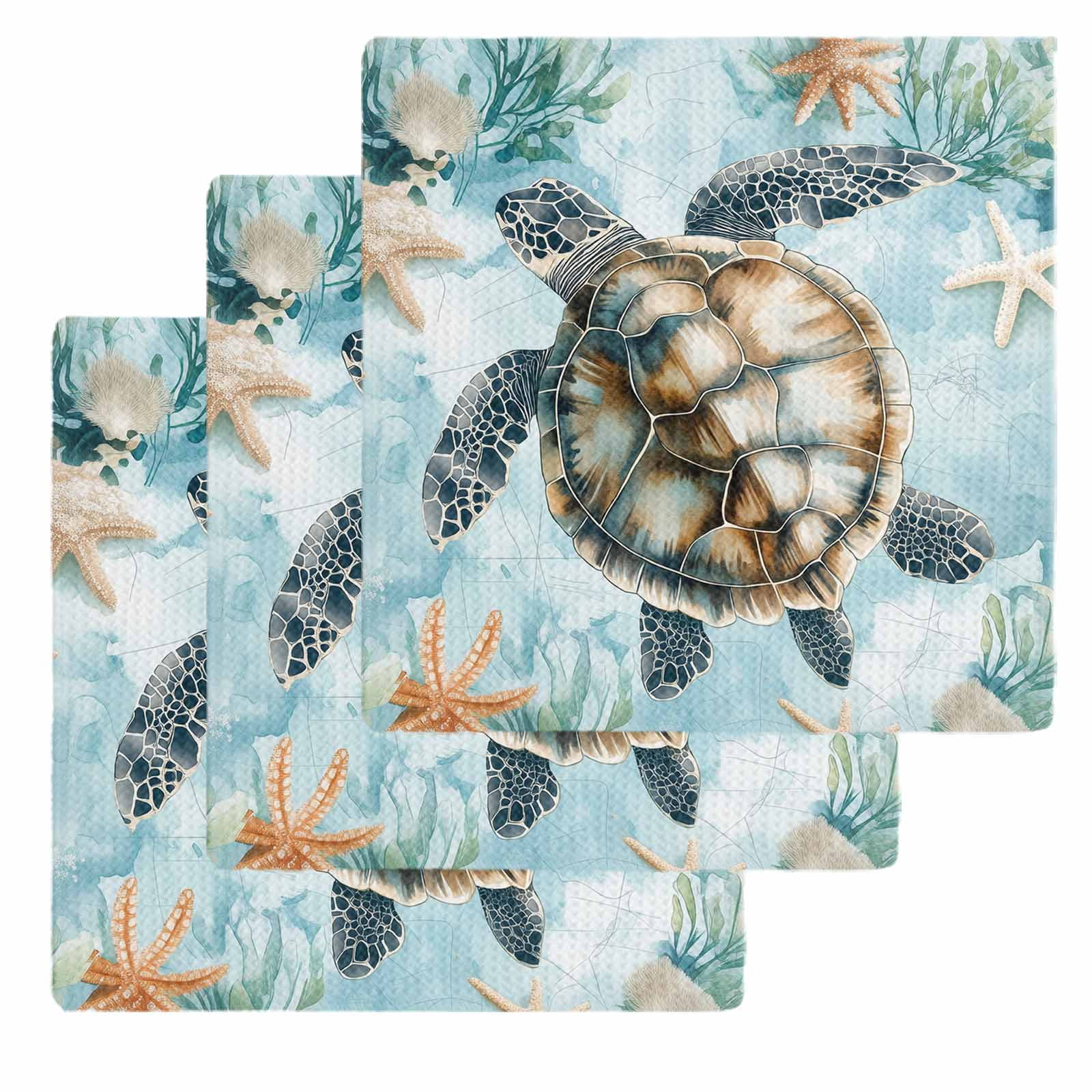 Teal Sea Turtle Coastal Dish Towels Set, Waffle Weave Kitchen Towels 3 Pieces, Summer Beach Nautical Coral Microfiber Hair Face Bath Tea Towel Absorbent Quick Drying Cleaning Dish Cloths, 12"x12"