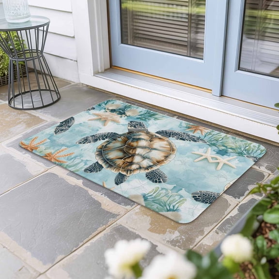 Teal Sea Turtle Coastal Door Mat Indoor Outdoor, Summer Beach Nautical Coral Non Slip Welcome Mat with Rubber Backing, Absorbent Fabric Front Door Mats Entryway Rug for Home Patio Entrance 24"x36"