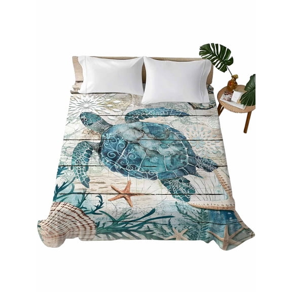 Teal Sea Turtle Coastal Flat Sheet Only Twin Size, Soft Breathable Bed Top Sheets for Mattress, Summer Beach Nautical Starfish Retro Luxury Bedding Flat Sheets for Home Hotel Bedroom Bed Protection