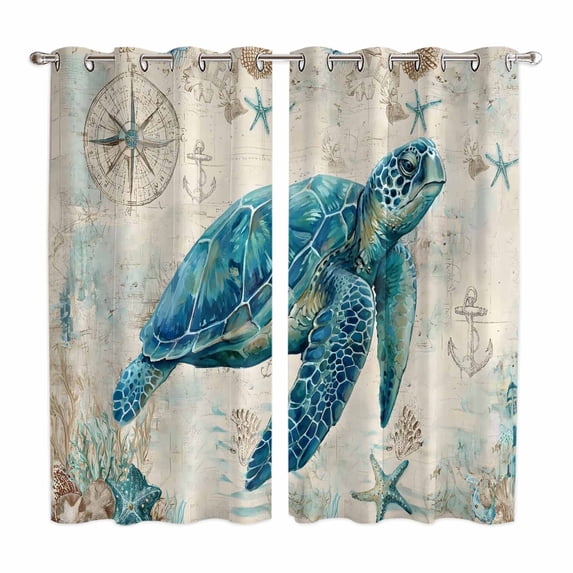 Teal Sea Turtle Coastal Kitchen Curtains Window Panels, Vintage Summer Beach Nautical Insulated Window Treatment Curtain, Grommet Curtains for Bedroom/Living Room/Bathroom, 2 Piece 52"Wx84"L