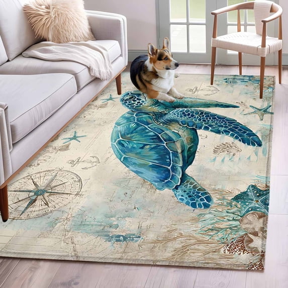 Teal Sea Turtle Coastal Kitchen Runner Rug 2.7x5 Washable Runners for Hallway Non Slip Vintage Summer Beach Nautical Large Area Rug Indoor Floor Carpet for Bathroom Laundry Entryway Bedroom