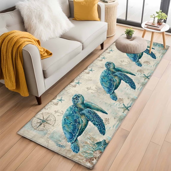 Teal Sea Turtle Coastal Kitchen Runner Rug 2x6 Washable Runners for Hallway Non Slip Vintage Summer Beach Nautical Large Area Rug Indoor Floor Carpet for Bathroom Laundry Entryway Bedroom Living Room