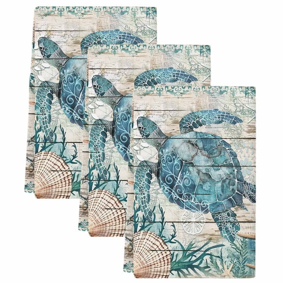 Teal Sea Turtle Coastal Kitchen Towels Set of 3,Absorbent Microfiber Dish Tea Towels with Hanging Loop,Summer Beach Nautical Starfish Retro Resuable Hand Towel for Home Kitchen Cleaning 18"x28"