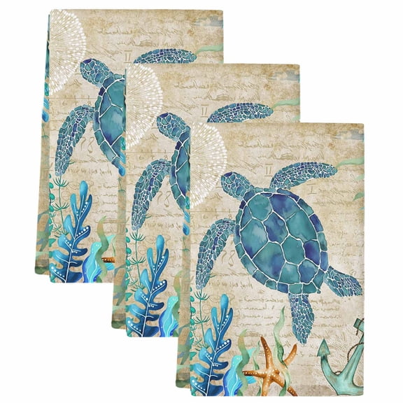 Teal Sea Turtle Coastal Kitchen Towels Set of 3, Absorbent Microfiber Dish Tea Towels with Hanging Loop, Vintage Summer Beach Seaweed Resuable Hand Towel for Home Kitchen Cooking Cleaning 18"x28"