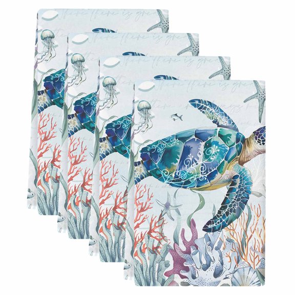 Teal Sea Turtle Coastal Kitchen Towels Set of 4, Absorbent Microfiber Dish Tea Towels with Hanging Loop, Summer Beach Ocean Coral Resuable Hand Towel for Home Kitchen Cooking Cleaning 18"x28"