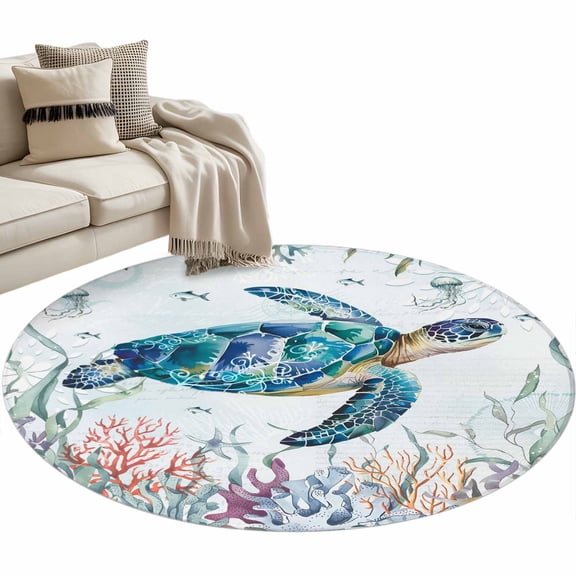 Teal Sea Turtle Coastal Large Area Rugs for Bedroom Living Room, Soft Non Slip Carpet Bedside Rug, Summer Beach Ocean Coral Round Floor Cover Kitchen Accent Rug 3' for Dining Room/Office
