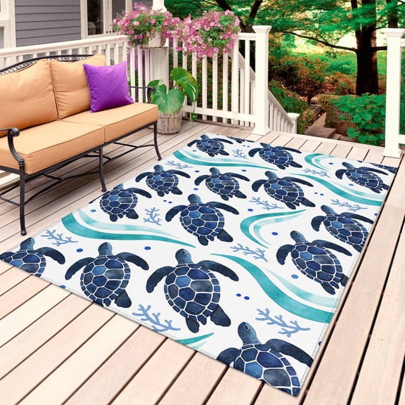Teal Sea Turtle Coastal Outdoor Rug 5x7 Ft, Non Slip Washable Area Rug, Classic Ocean Waves Turquoise Patio Rugs Carpet Runner, Large Floor Mat for Indoor/Outdoor Deck Porch Camping