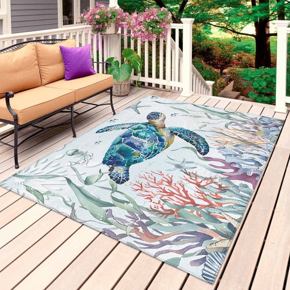 Teal Sea Turtle Coastal Outdoor Rug for Patio/Deck/Porch, Non-Slip Large Area Rug 3 x 5 Ft, Summer Beach Ocean Coral Indoor Outdoor Rugs Washable Area Rugs, Reversible Camping Rug Carpet Runner