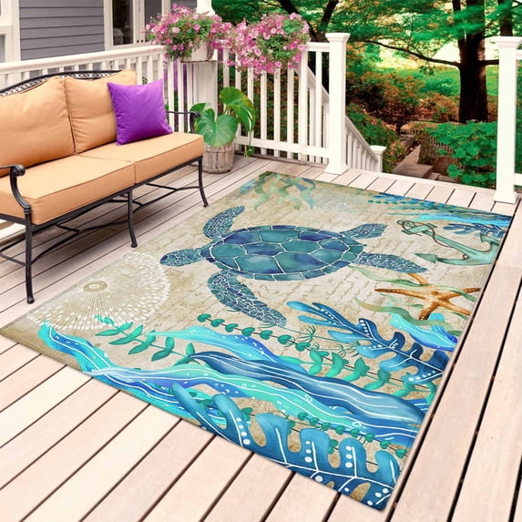 Teal Sea Turtle Coastal Outdoor Rug for Patio/Deck/Porch, Non-Slip Large Area Rug 6 x 9 Ft, Vintage Summer Beach Seaweed Indoor Outdoor Rugs Washable Area Rugs, Reversible Camping Rug Carpet Runner