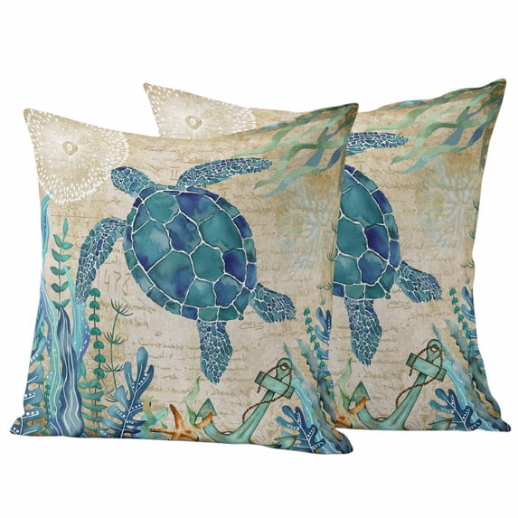 Teal Sea Turtle Coastal Outdoor Waterproof Pillow Covers, Vintage Summer Beach Seaweed Decorative Square Throw Pillowcase Sofa Cushion Sham for Patio/Couch/Chair, 16"x16" 2 Pack