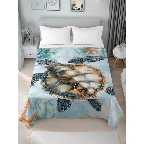 Teal Sea Turtle Coastal Queen Size Flat Sheet, Wrinkleproof & Fadeproof Cooling Flat Bed Sheet Only, Summer Beach Nautical Coral Breathable Soft Bedding Top Sheets 90 x 102 Inches