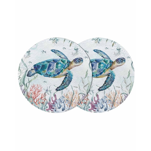 Teal Sea Turtle Coastal Round 13 Inch Placemats Set of 2, Summer Beach Ocean Coral HeatResistant Non Slip Place Mats for Dining Table, Wipeable Braided Kitchen Table Mats for Housewarming