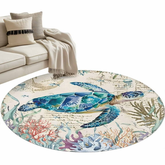 Teal Sea Turtle Coastal Round Area Rug 4 FT, Non Slip Indoor Outdoor Rug, Retro Ocean Summer Beach Coral Washable Soft Circular Carpet Non-Shedding Floor Mat for Coffee Table Nursery Foyer Balcony