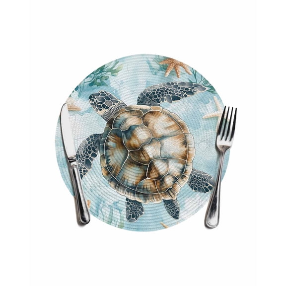 Teal Sea Turtle Coastal Round Placemats for Dinning Tables,Heat-proof Braided Table Mats 13 Inch,Summer Beach Nautical Coral Washable Place Mat for Kitchen Restaurant Party Decor Table Setting