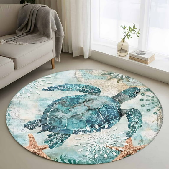 Teal Sea Turtle Coastal Round Rugs 3.3ft, Nautical Summer Beach Starfish Non Slip Washable Rug Runner, Low Pile Indoor Floor Carpet Mat Bathroom Rugs for Living Room, Bedroom, Kids Room